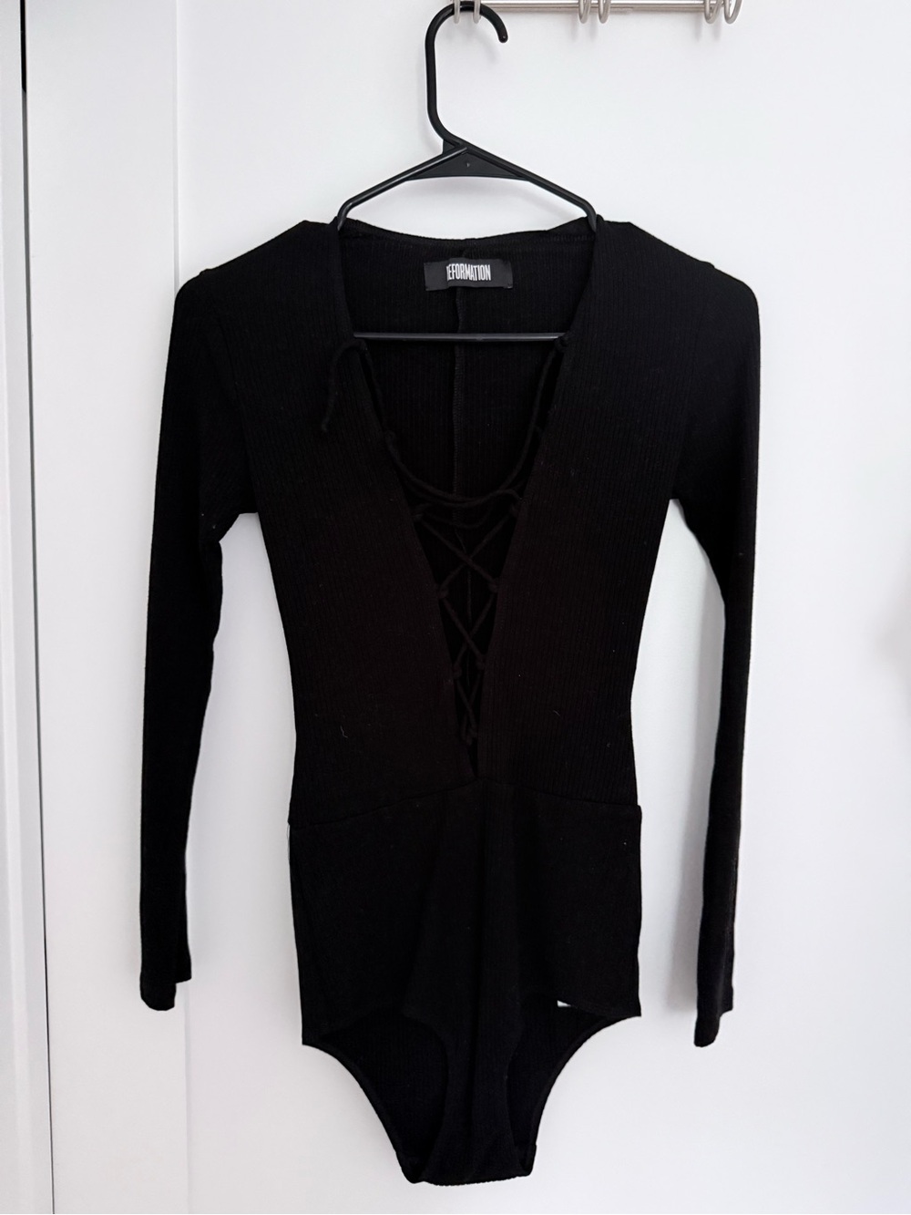 Reformation Black Ribbed Long-Sleeve Lace-Up Bodysuit